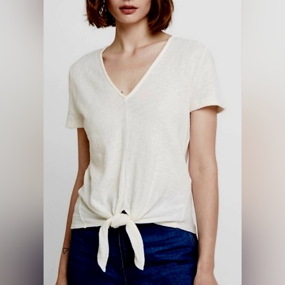Madewell Texture&Tread 100%Cotton Women's V-Neck Tie-Front Top Cream XXS/XS